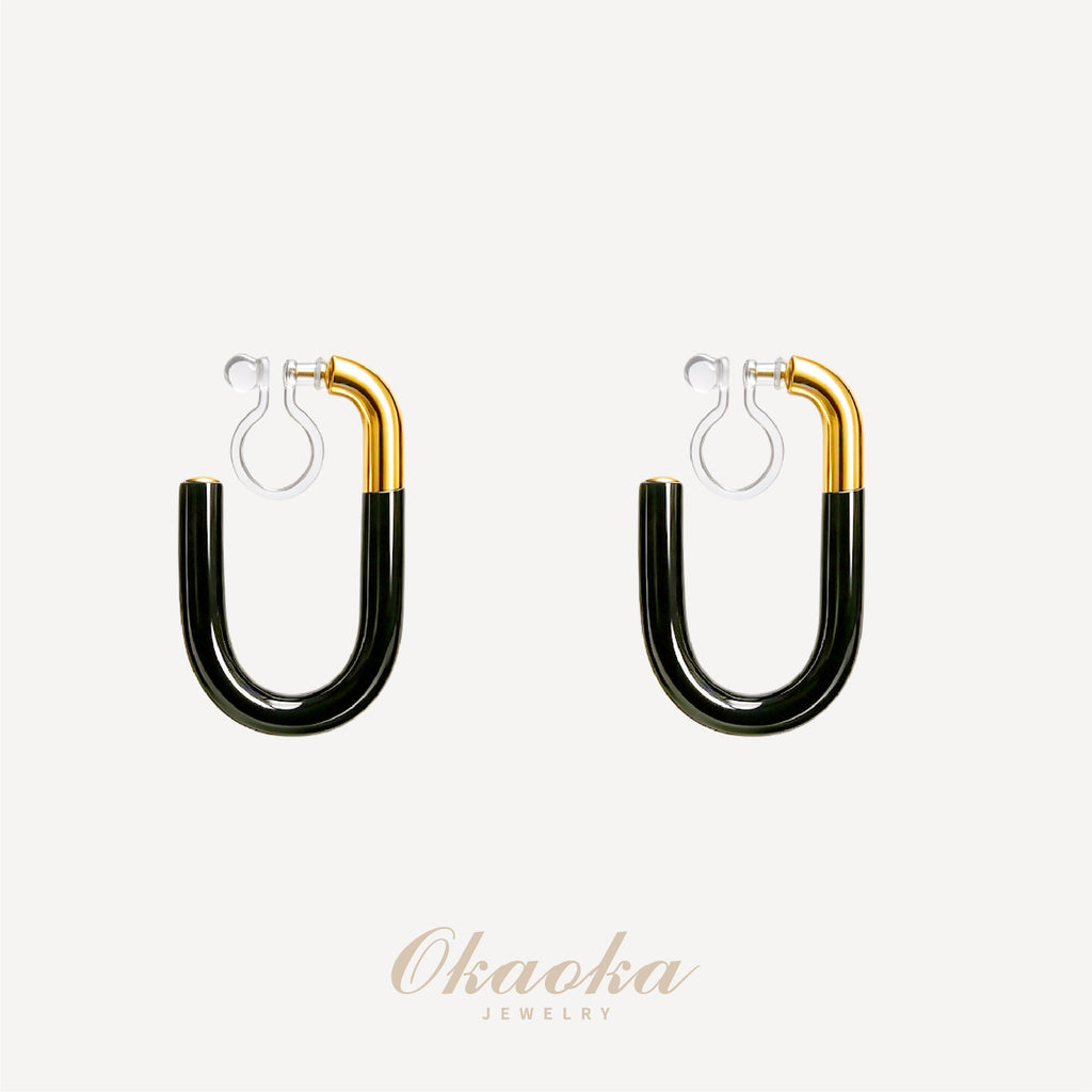 Modern Black Enamel & Gold Two-Tone U-Hoop Clip-Ons