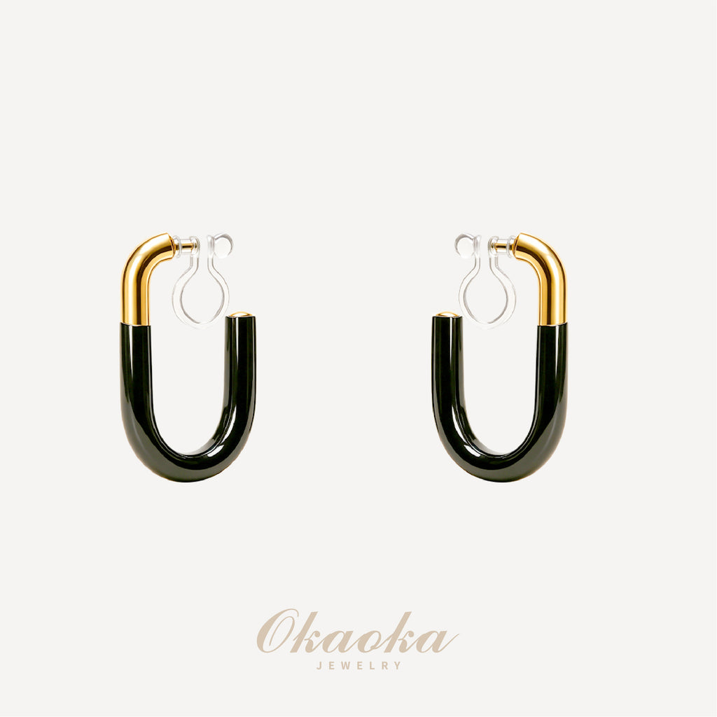 Modern Black Enamel & Gold Two-Tone U-Hoop Clip-Ons
