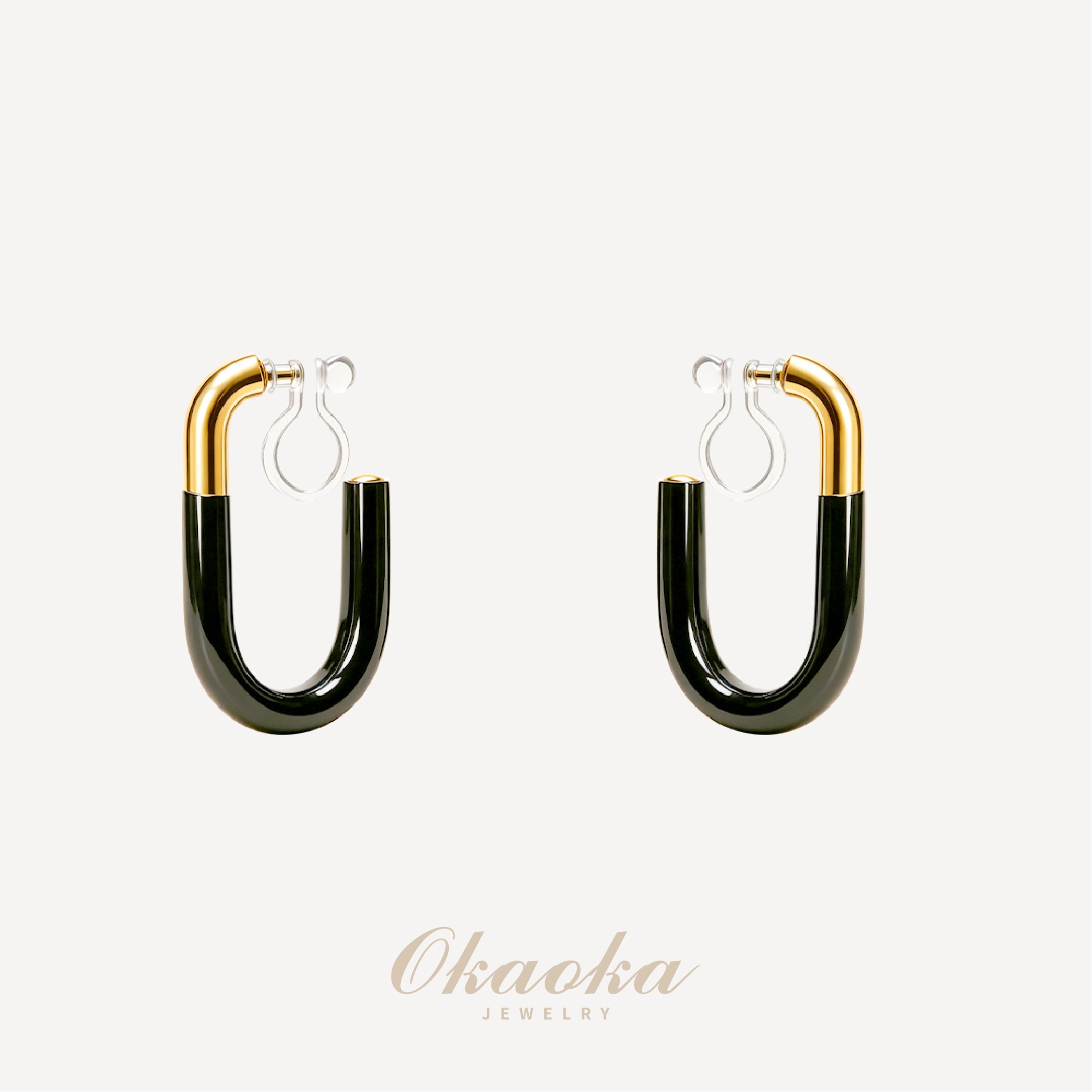 Modern Black Enamel & Gold Two-Tone U-Hoop Clip-Ons