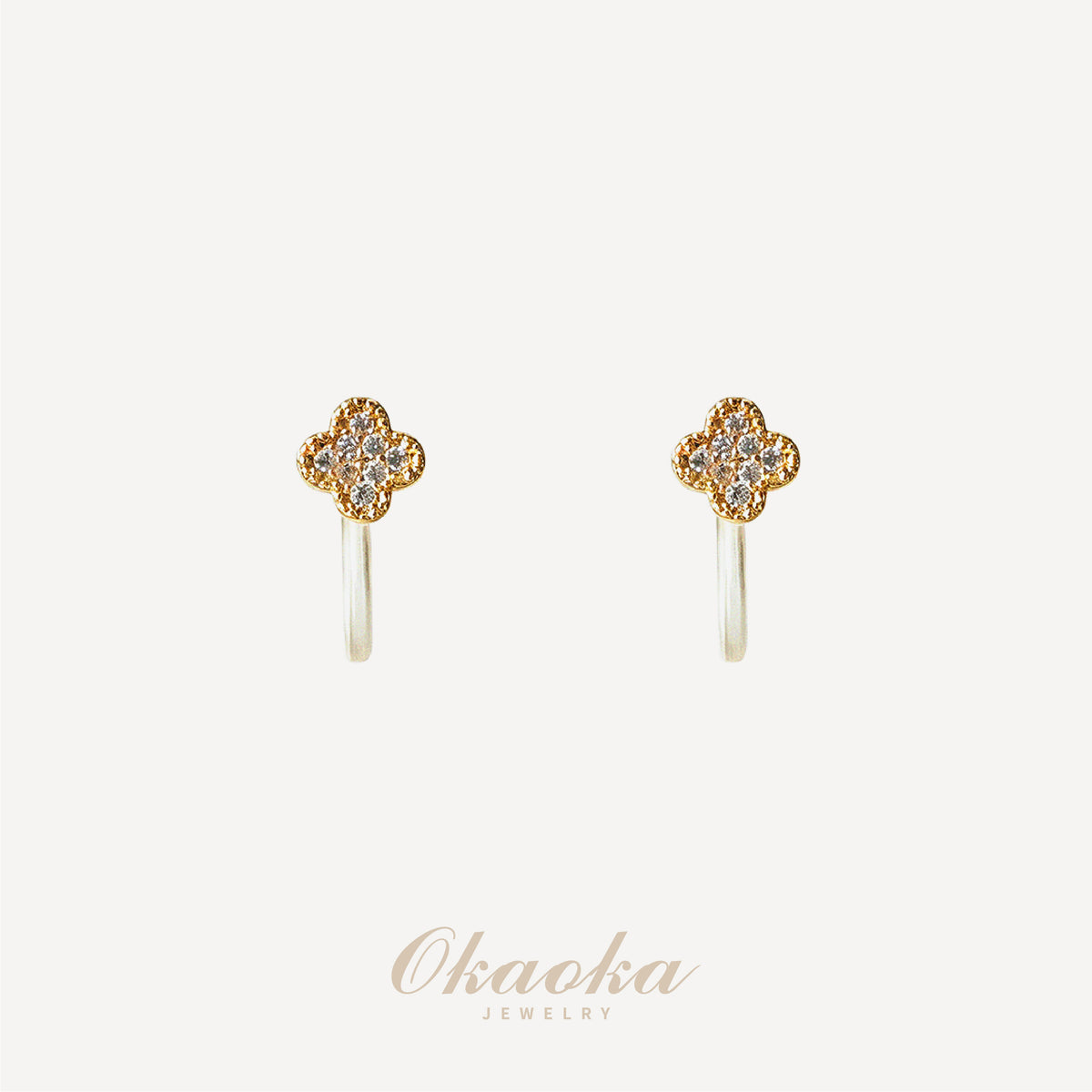 Clover Crystal Ear Clips – Elegant Gold Flower Clip On Earrings