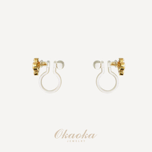 Clover Crystal Ear Clips – Elegant Gold Flower Clip On Earrings