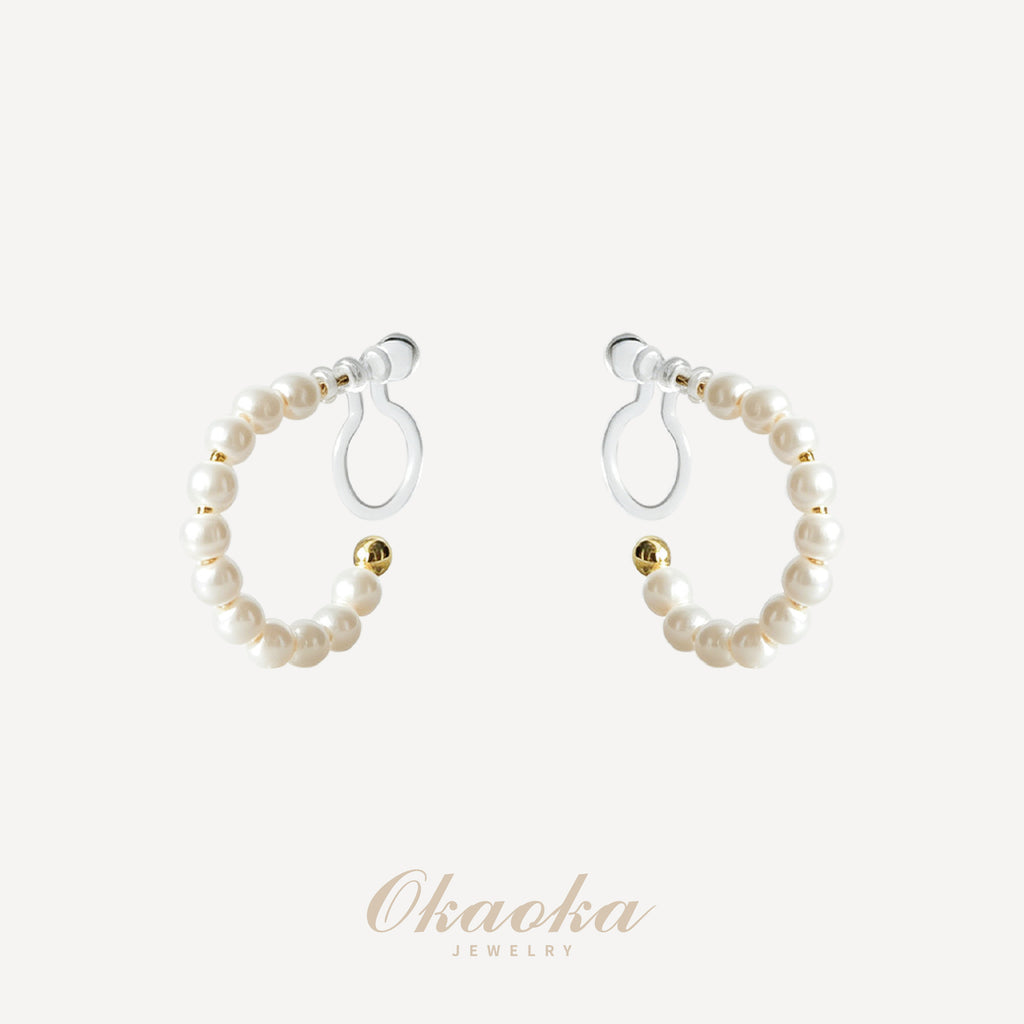 Pearl Beaded Hoop Ear Clips – Elegant Gold Clip On Earrings