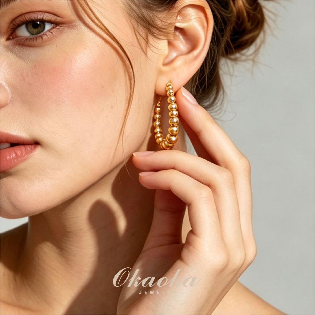 Beaded Graduated Hoop Clip-On Earrings - Gold Plated