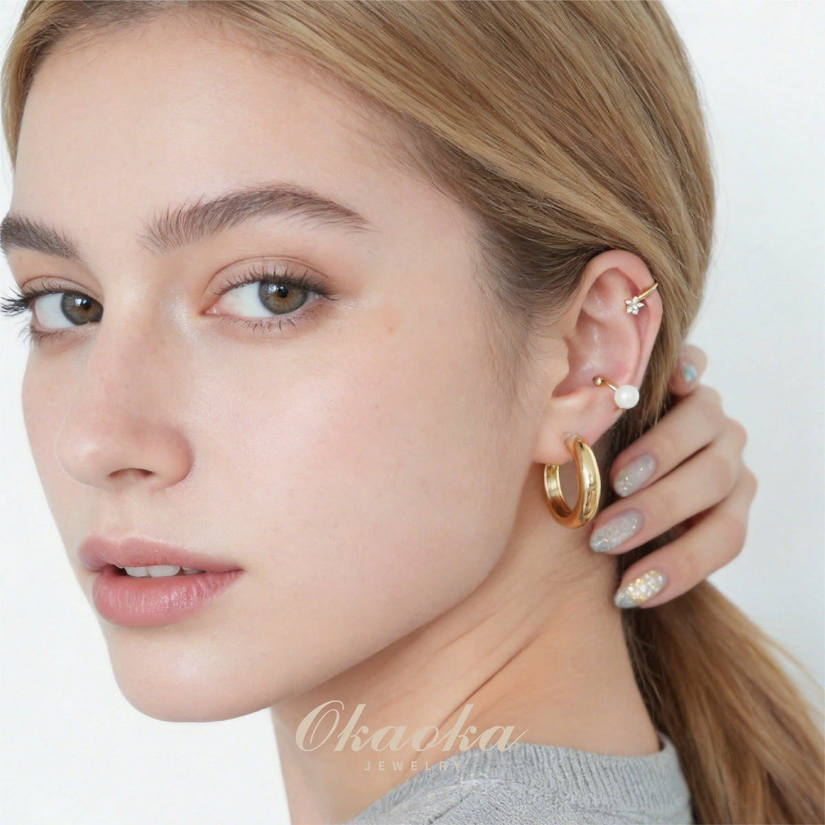 Floral Crystal & Teardrop Gold Ear Cuff | Minimalist Asymmetric Jewelry