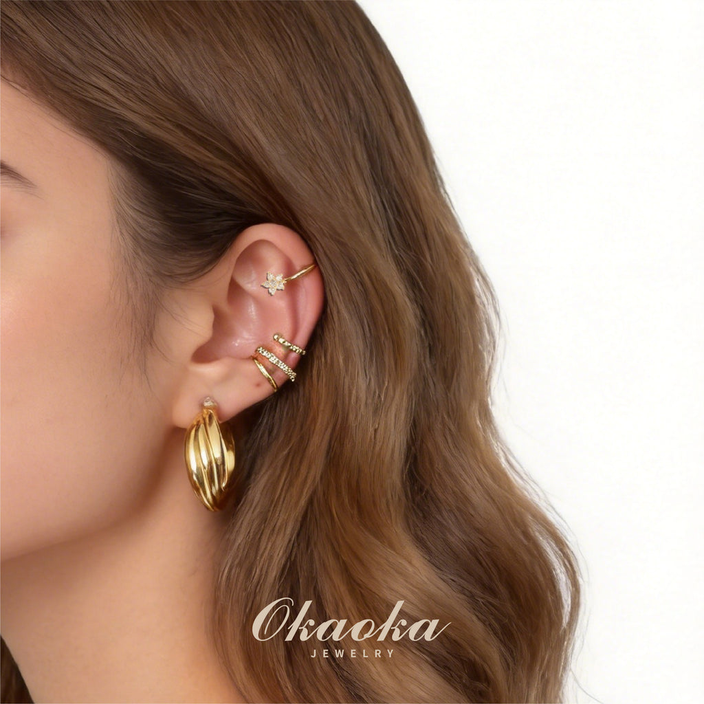 Floral Crystal & Teardrop Gold Ear Cuff | Minimalist Asymmetric Jewelry