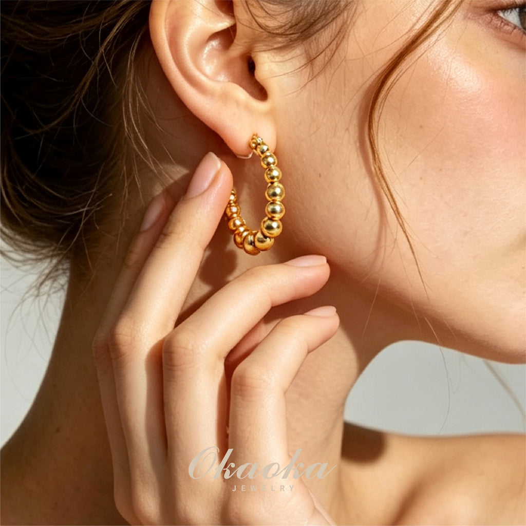 Beaded Graduated Hoop Clip-On Earrings - Gold Plated