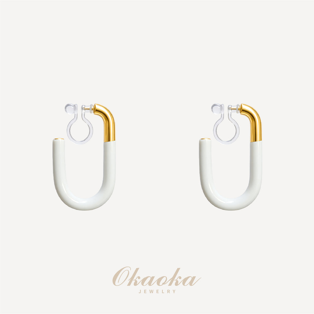 Modern Enamel & Gold Two-Tone Hoop Clip-Ons