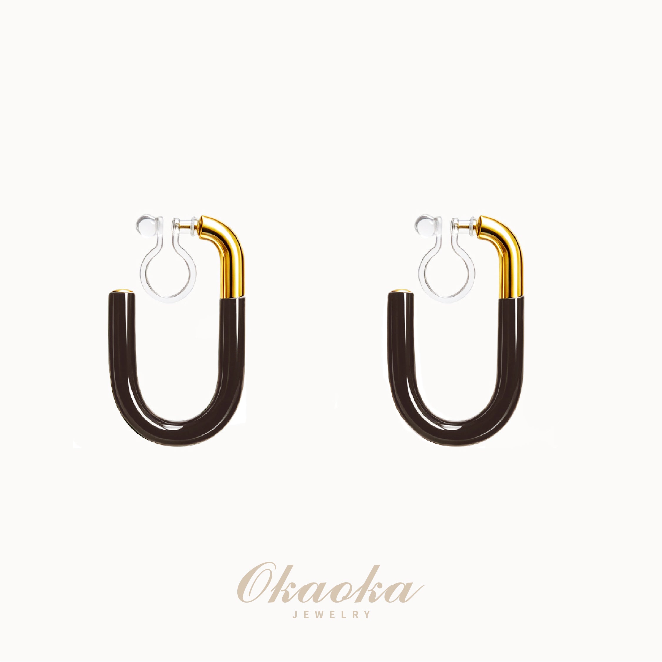 Modern Espresso Enamel & Gold Two-Tone U-Hoop Clip-Ons