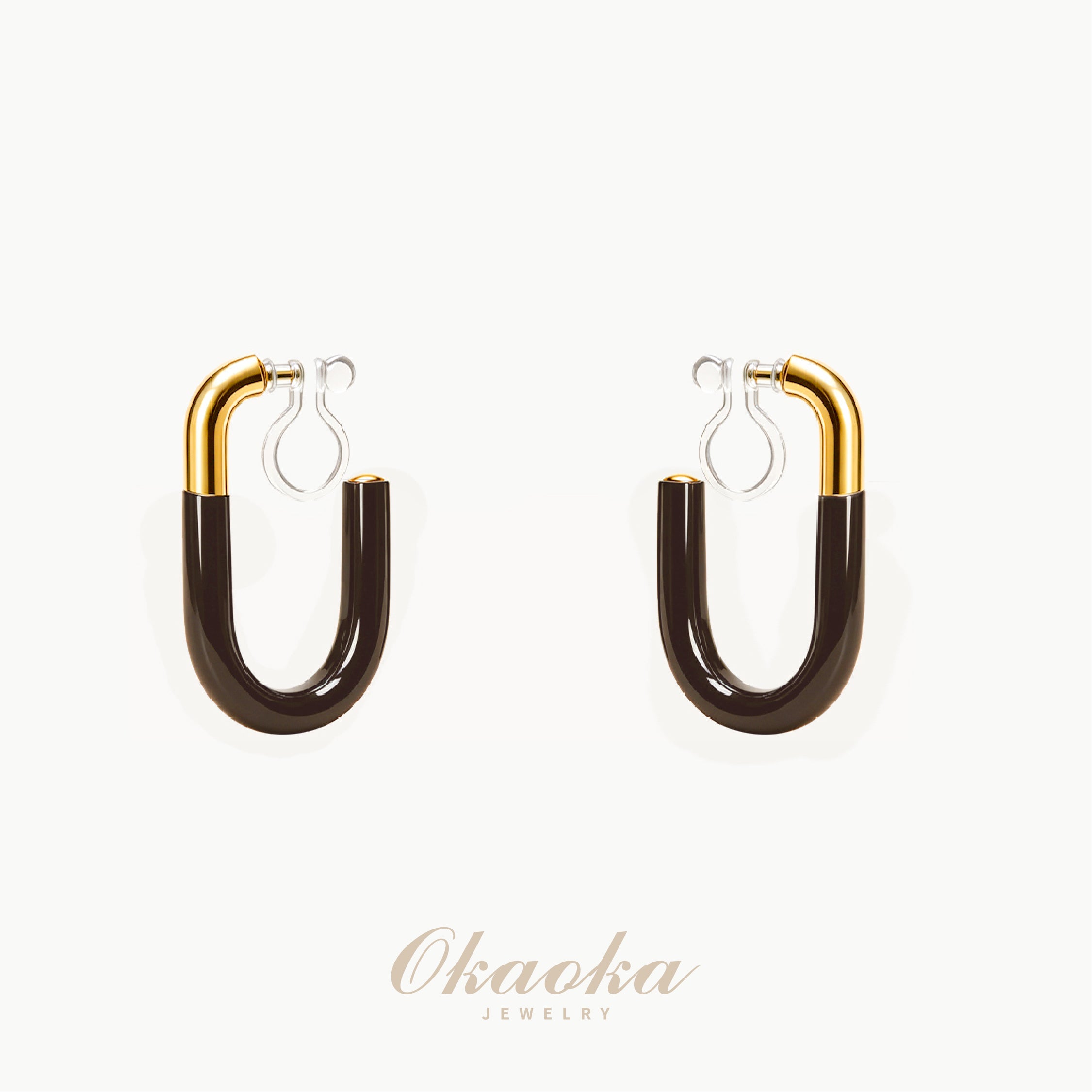 Modern Espresso Enamel & Gold Two-Tone U-Hoop Clip-Ons