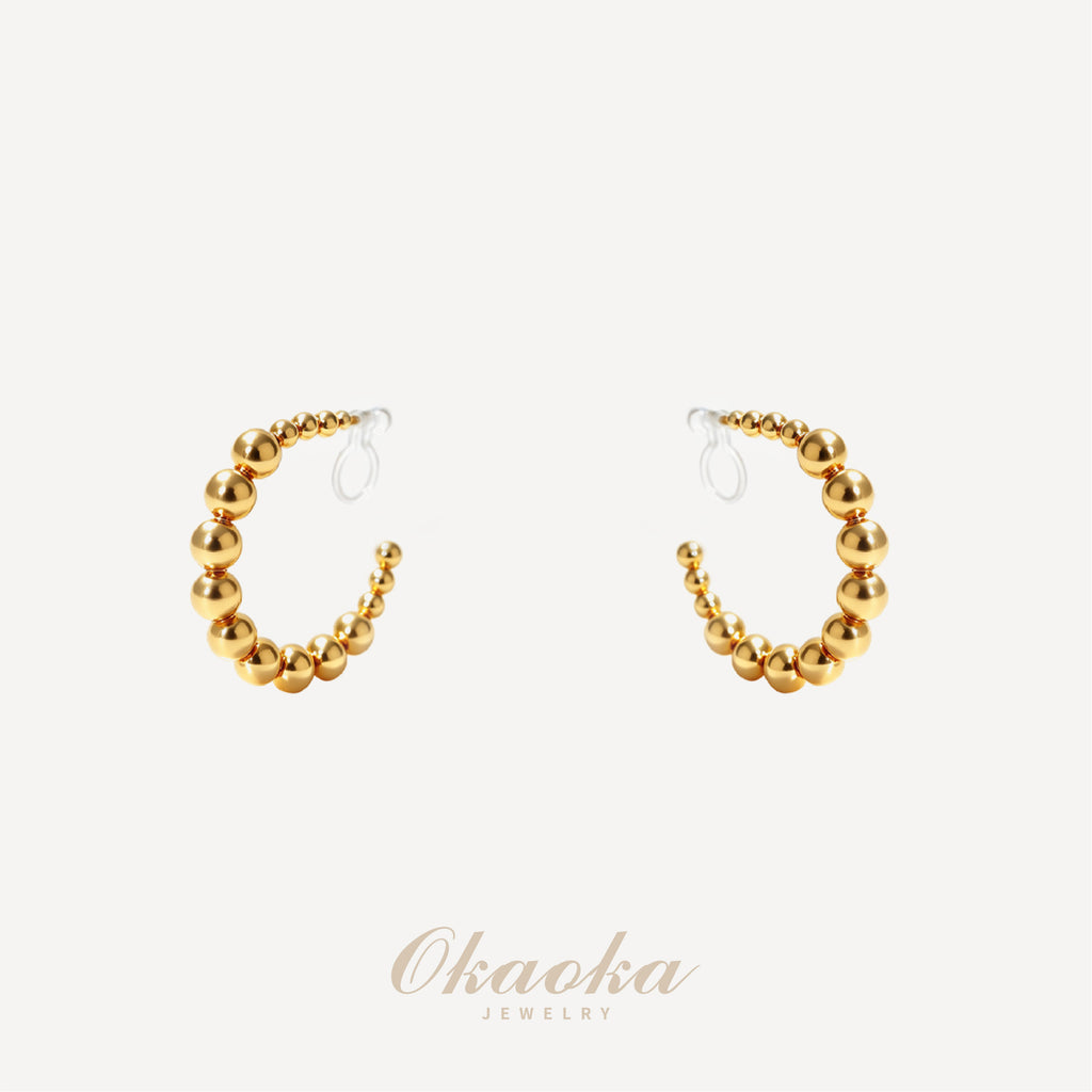 Beaded Graduated Hoop Clip-On Earrings - Gold Plated