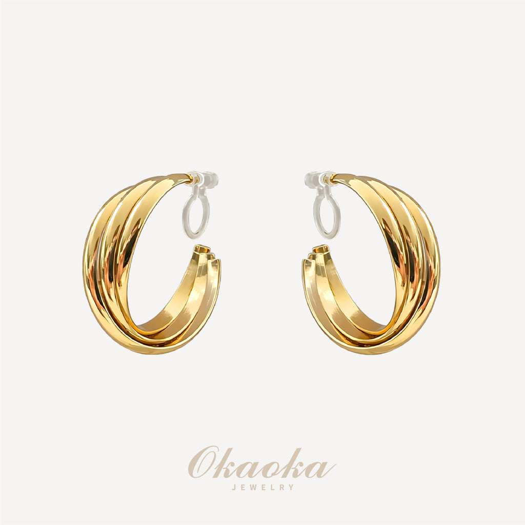 Triple-Layered Hoop Clip-On Earrings | Modern Geometric Gold Hoops