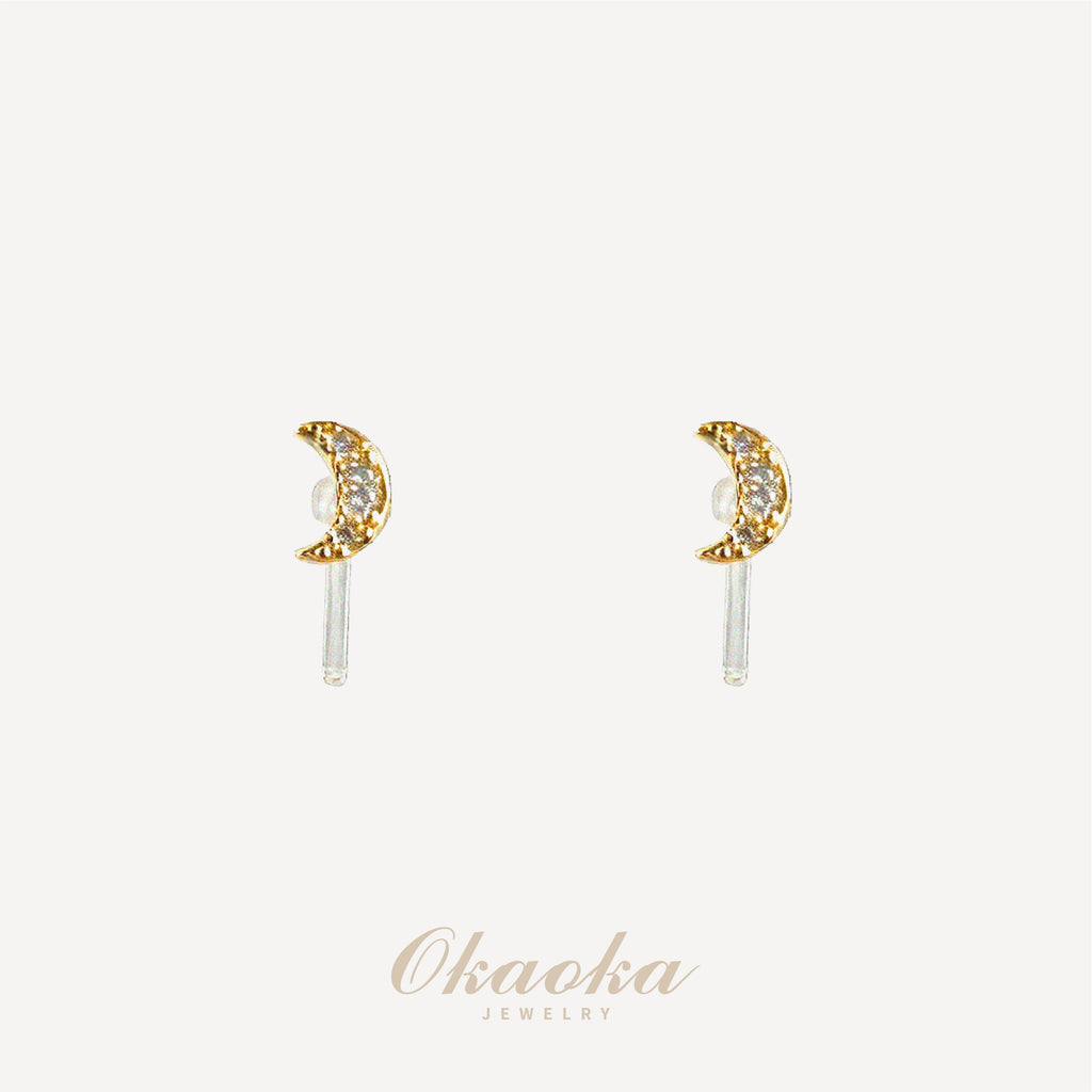 Celestial Moon Crystal Clip-On Earrings | Dainty Gold Studs